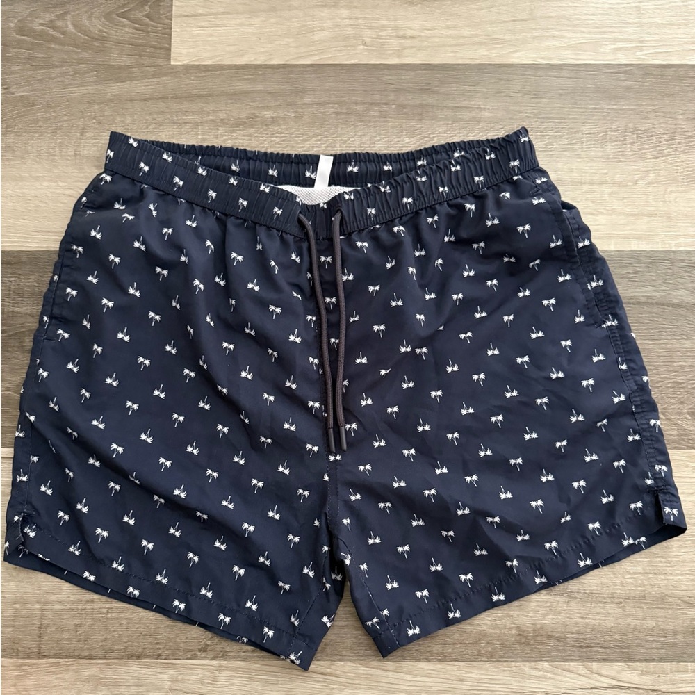 Men's Navy Palm-Print Swim Trunks with Drawstring